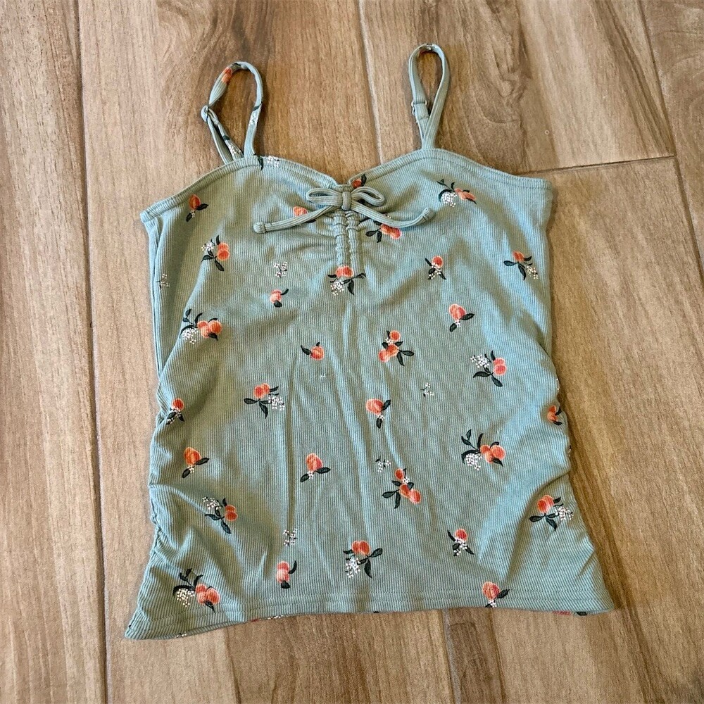 Abercrombie Kids Girls Tank Top Size 11/12 Sage Green Ribbed Floral Bow